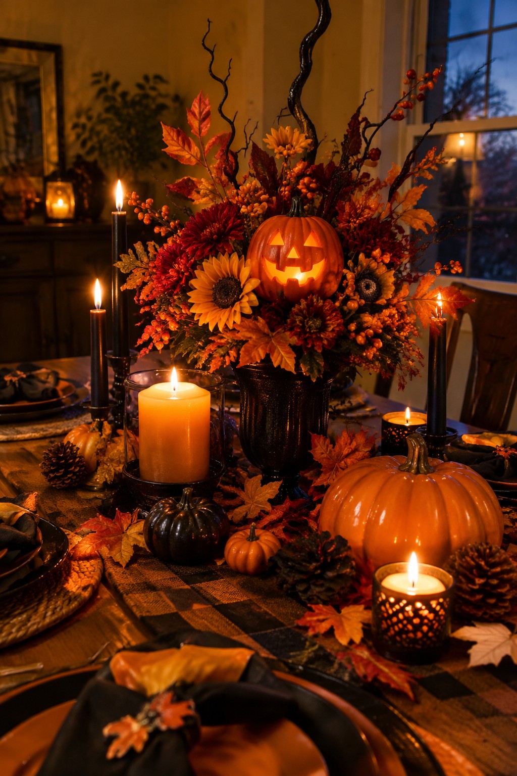 Dining table centerpiece featuring a carved and lit jack o lantern in a black vase, surrounded by autumn flowers, leaves, and dark branches with black taper candles nearby.
