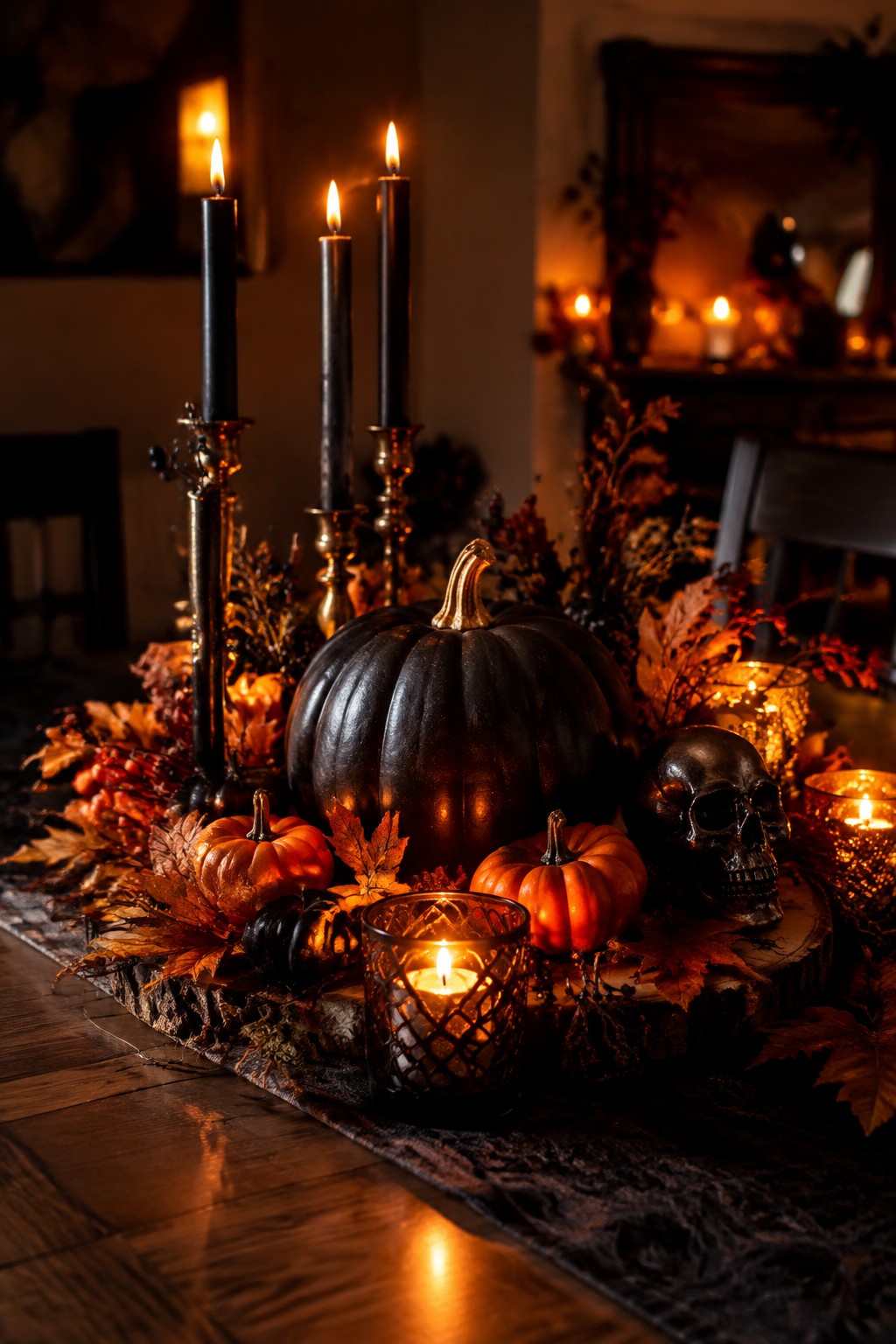 Black pumpkin with skull, candles, and autumn leaves on rustic wooden table