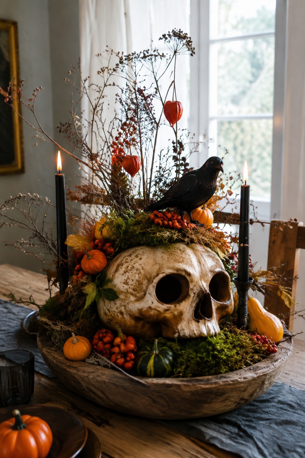 Skull centerpiece with black crow, lit candles, berries, and mini pumpkins in bowl