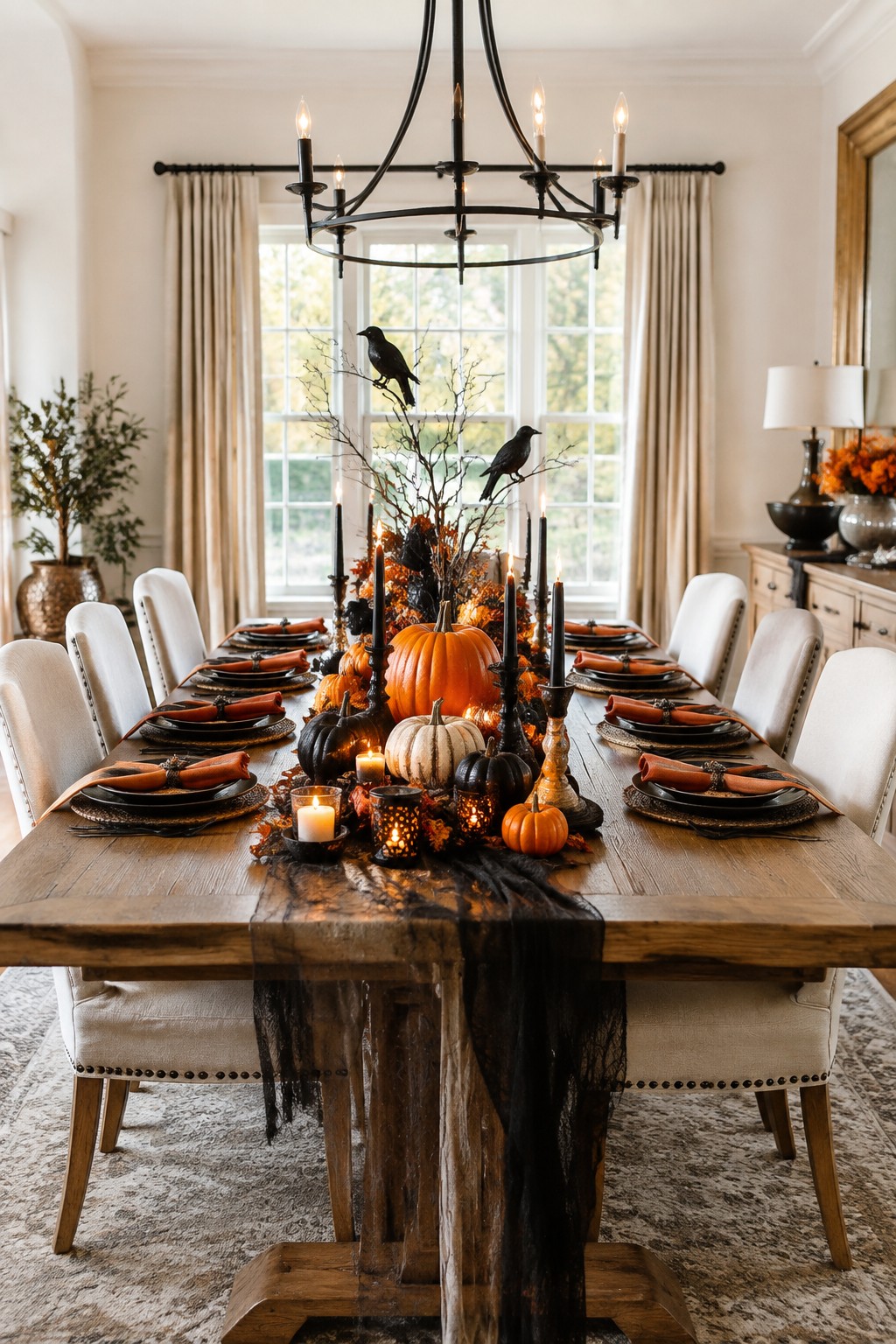 A long wooden dining table with a pumpkin centerpiece made of orange and white pumpkins, black branches holding crows, black candles, and a black spiderweb runner.