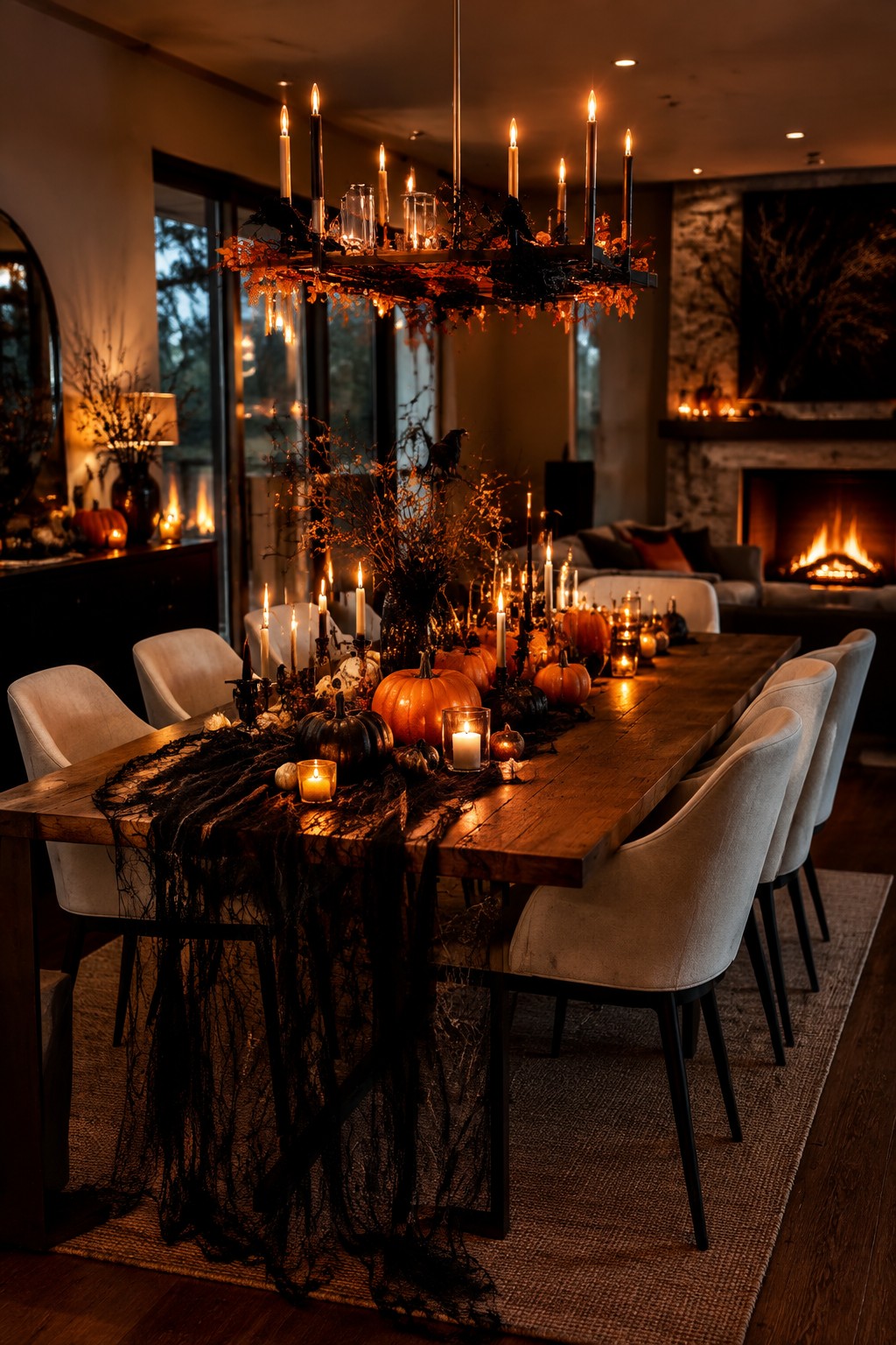 Long wooden dining table with a pumpkin centerpiece featuring orange and black pumpkins, tall dark branches, lit candles, and black spiderweb fabric.