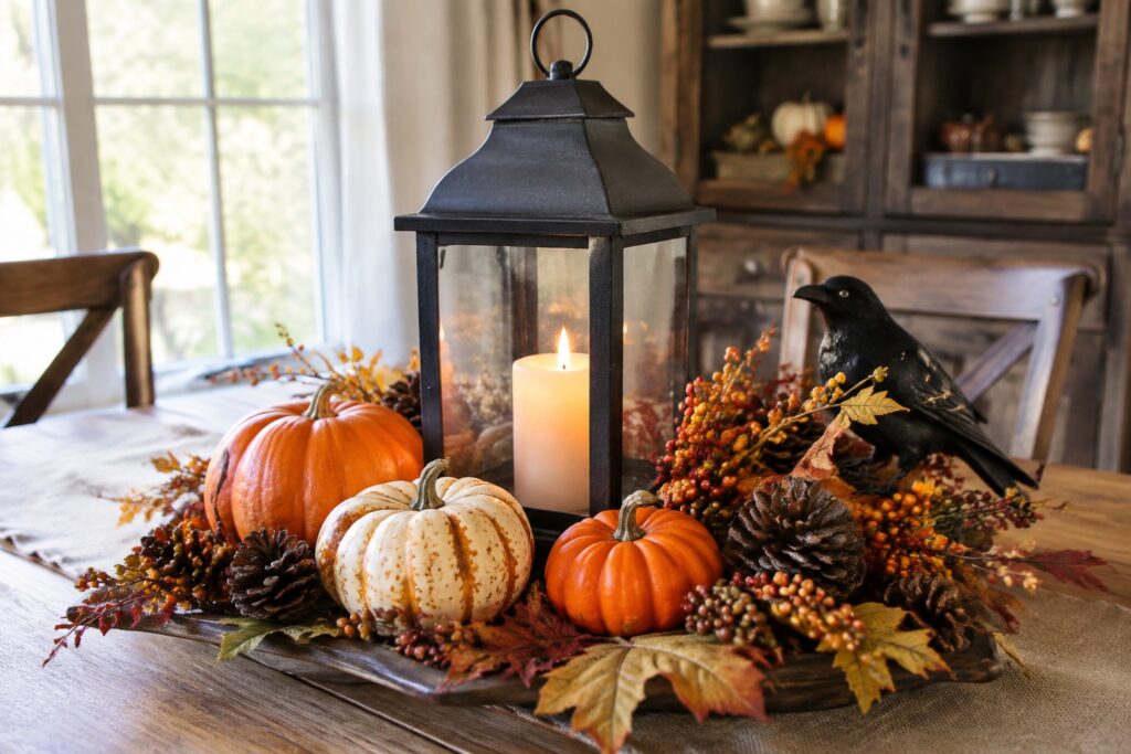 Wooden tray centerpiece on a dining table holding orange and white pumpkins, a white skull, pinecones, autumn leaves, berries, and a black lantern with lit candles.