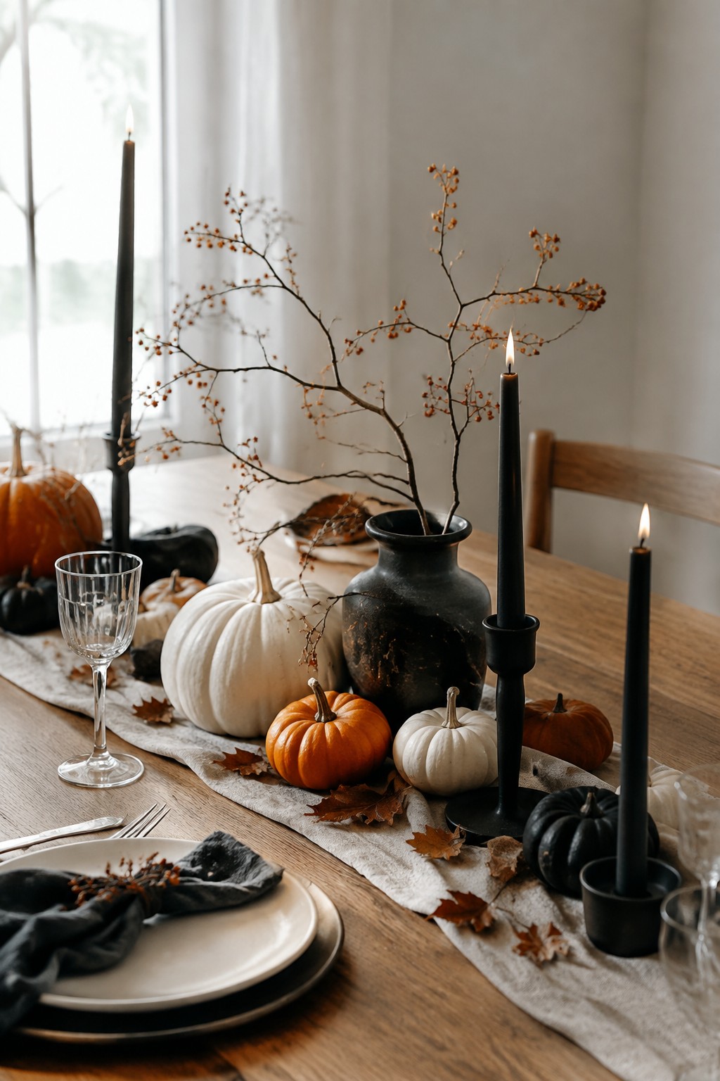 Autumn table with white orange pumpkins, lit black candles, dried branches on wood.