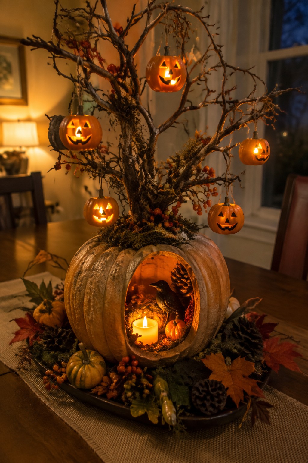 Large carved pumpkin centerpiece on a dining table with a lit interior scene, smaller jack o lanterns hanging from branches, and autumn accents around the base.