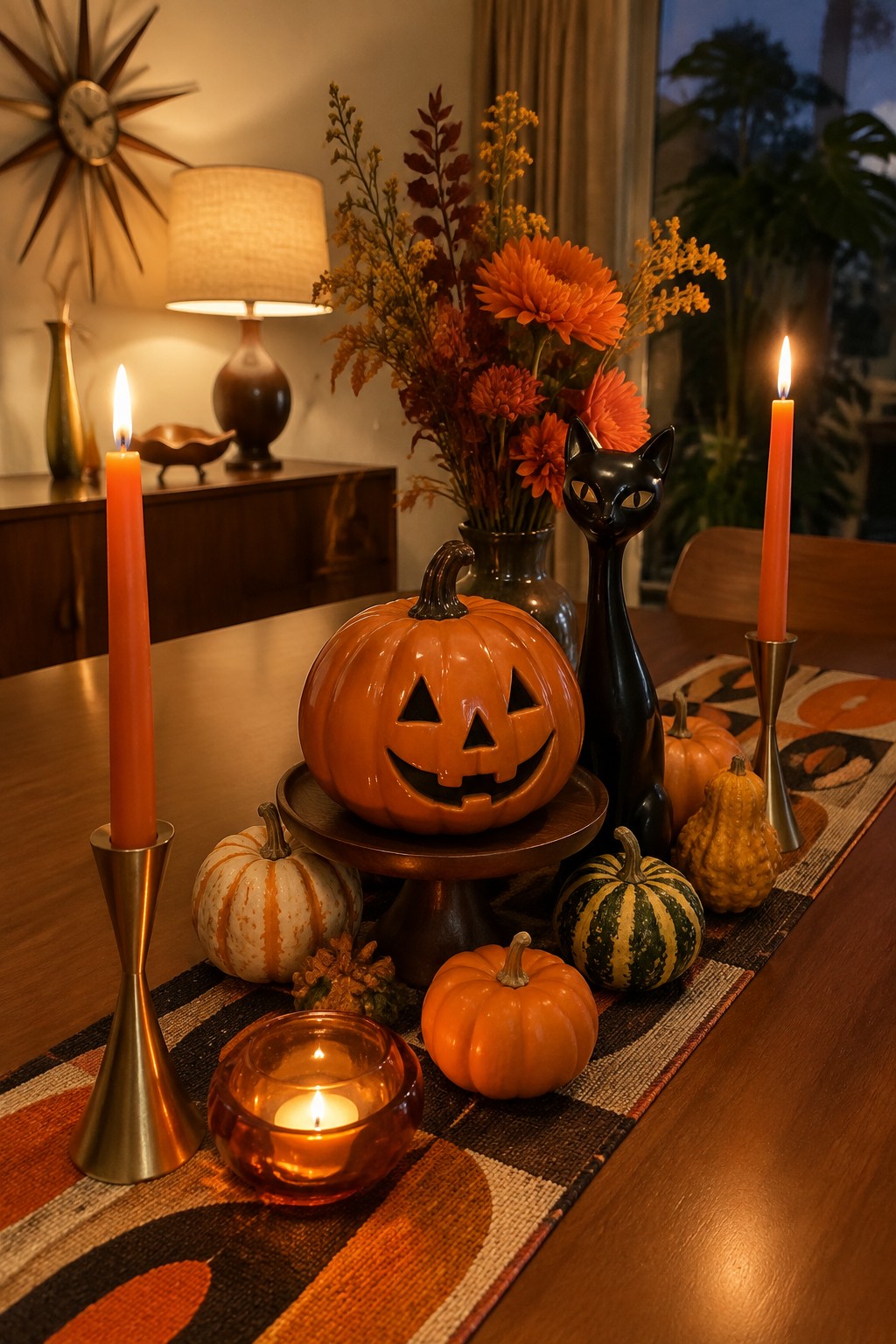 A dining table set with a large carved jack o lantern on a wooden stand, surrounded by smaller pumpkins, lit candles, and a black cat figurine on a patterned runner.