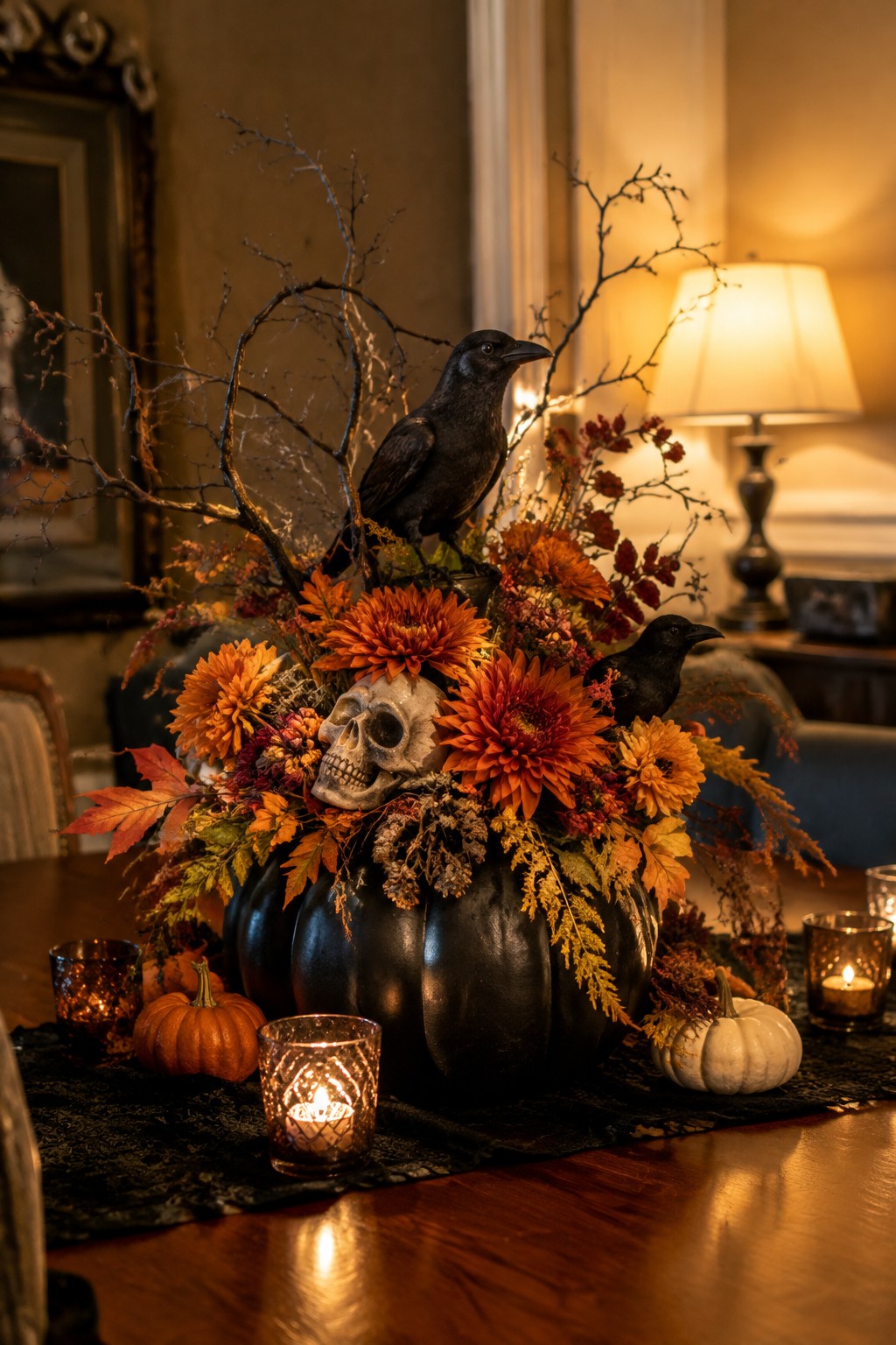 Halloween centerpiece of black pumpkin, skull, crows, orange flowers, and candles