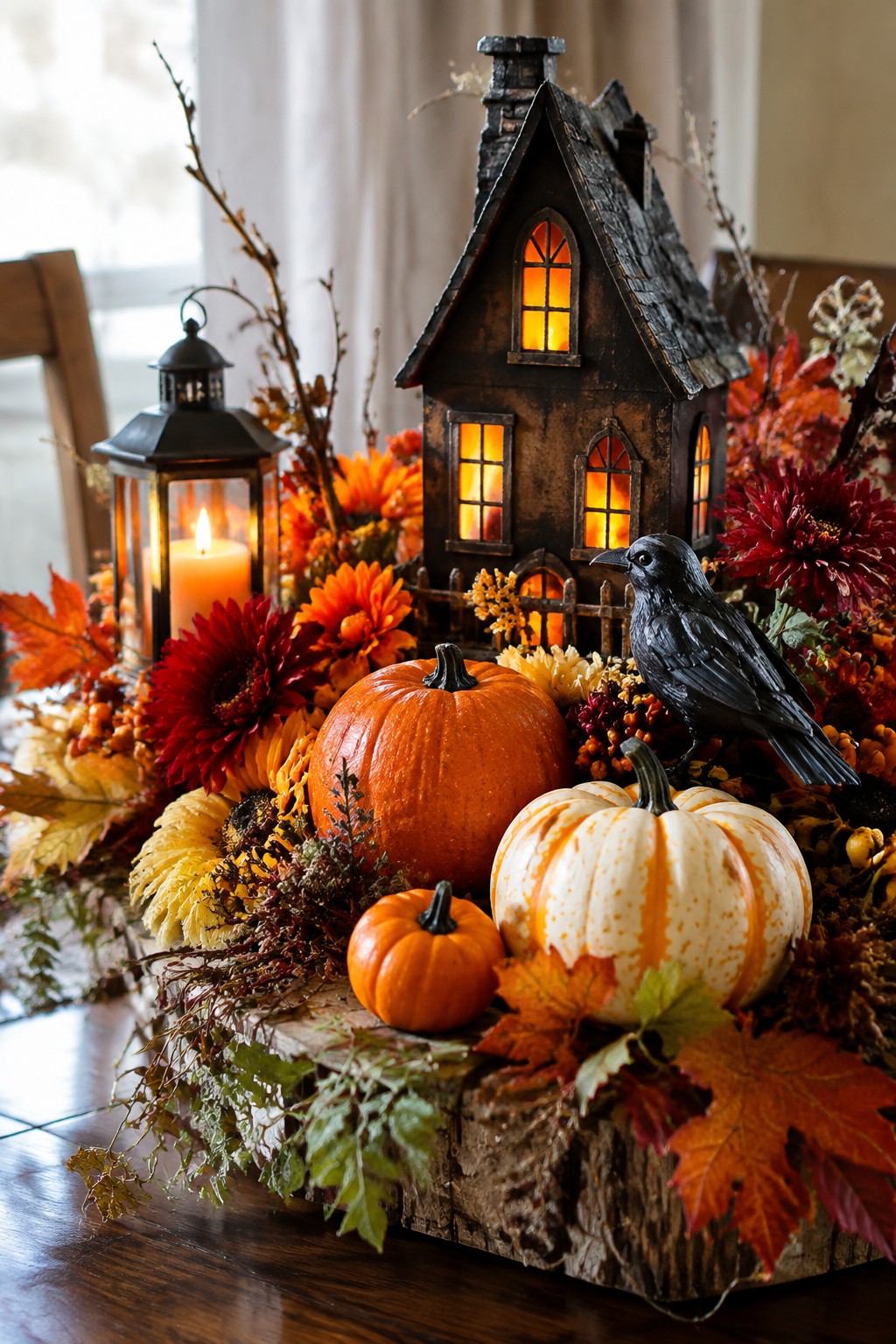 Halloween centerpiece with glowing haunted house, pumpkins, black crow, autumn flowers, and lantern.