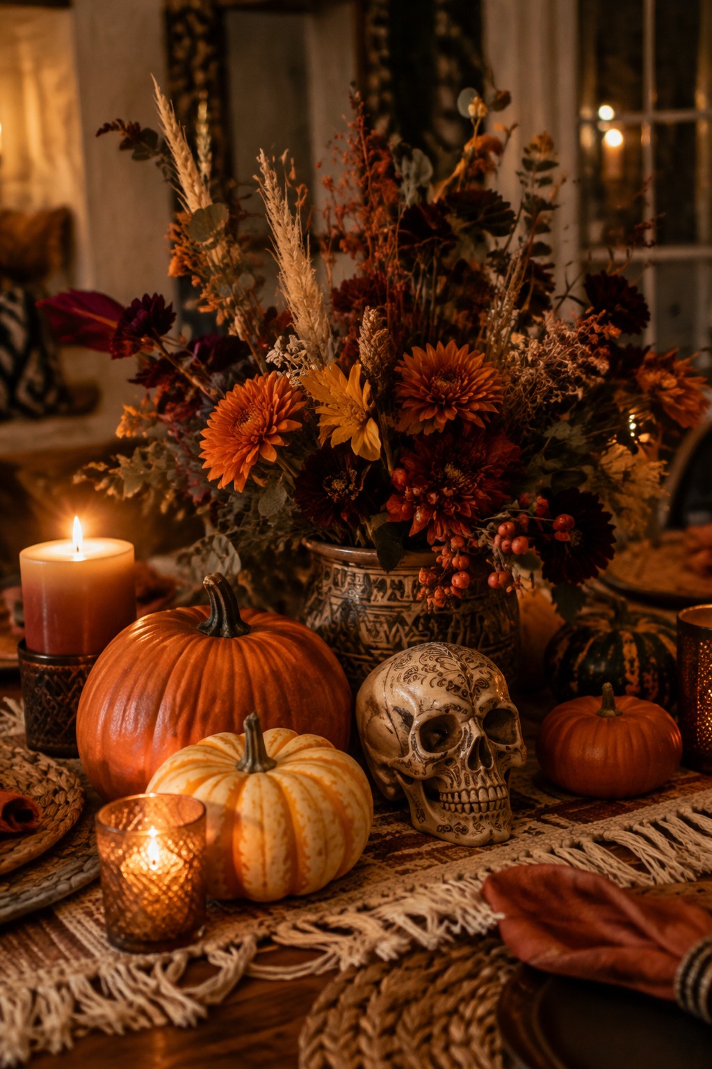 Dining table centerpiece with orange and striped pumpkins, a decorative skull, a floral arrangement in a patterned vase, and lit candles on a woven runner.