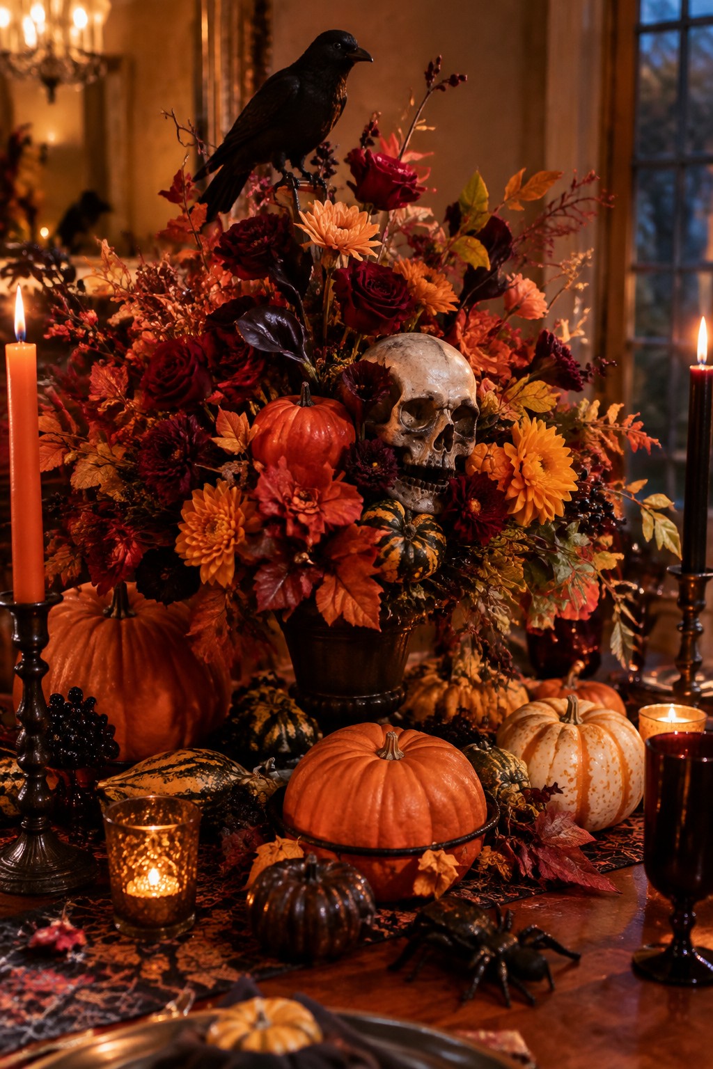Dining table centerpiece featuring orange pumpkins, a human skull, a black crow, dark flowers, and lit candles in metal holders.