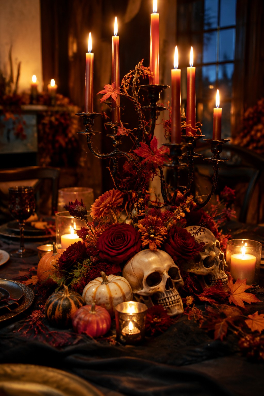 Candelabra with red candles amid skulls, roses, pumpkins, and autumn florals on dark table