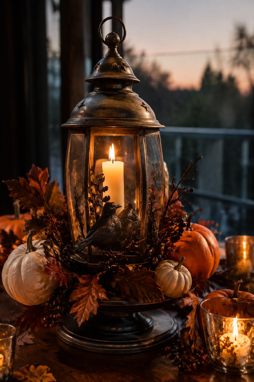 A large metal lantern with a lit candle and black bird figures sits at the center of a wooden table surrounded by white and orange pumpkins, autumn leaves, and small votive candles.