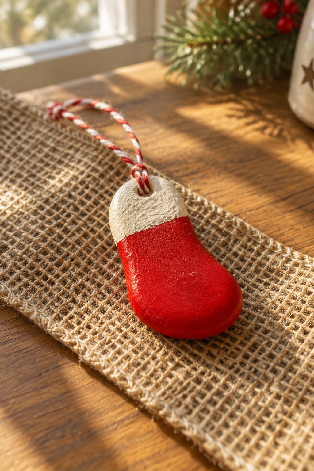 Red and white Christmas stocking ornament on burlap over wooden table