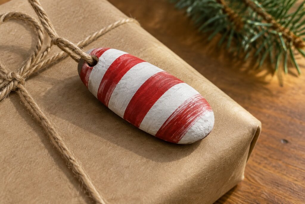 Brown paper gift with twine bow and red-white striped ornament on wood