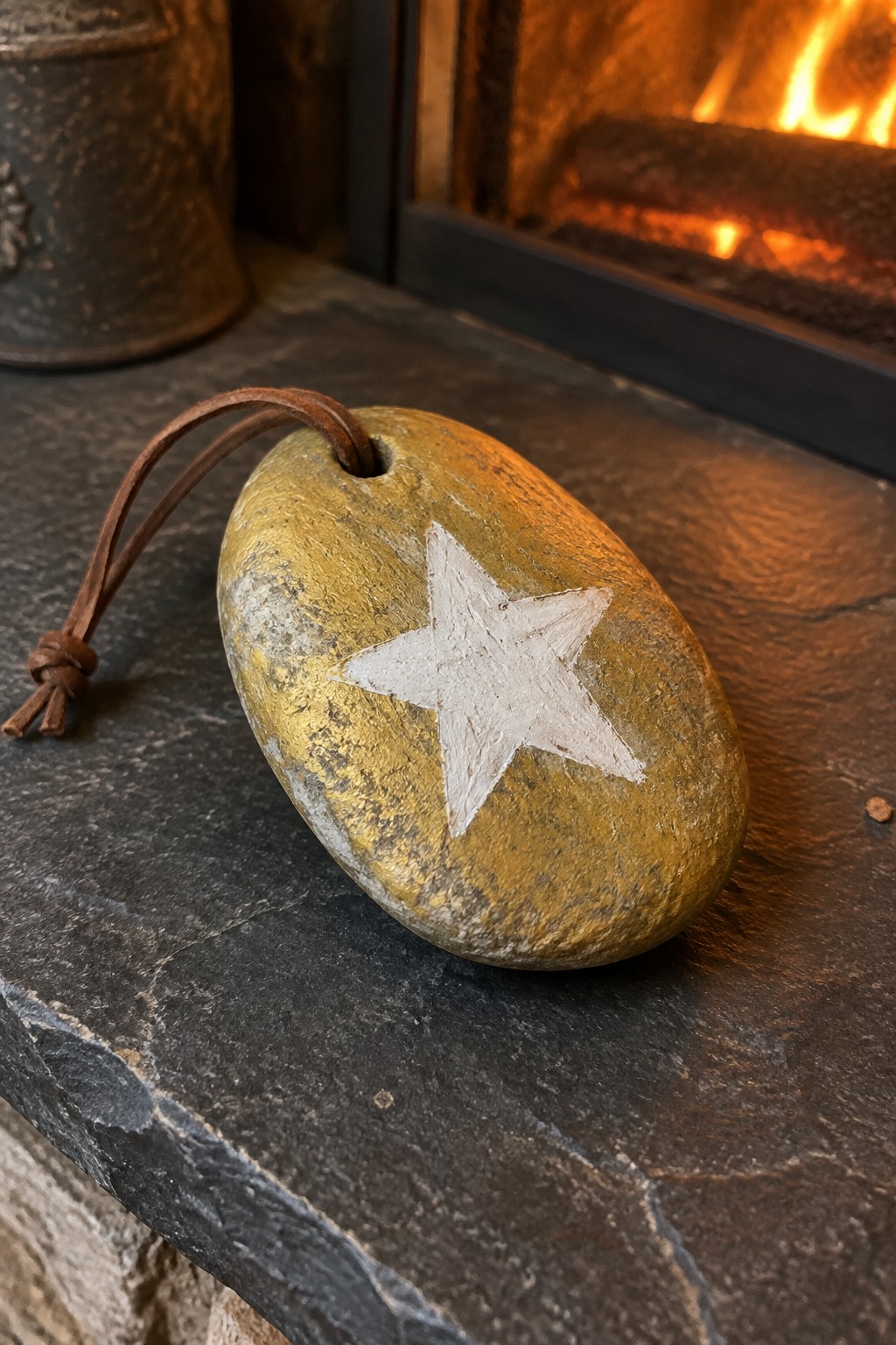 Yellow stone with white star and leather cord on dark hearth by fire