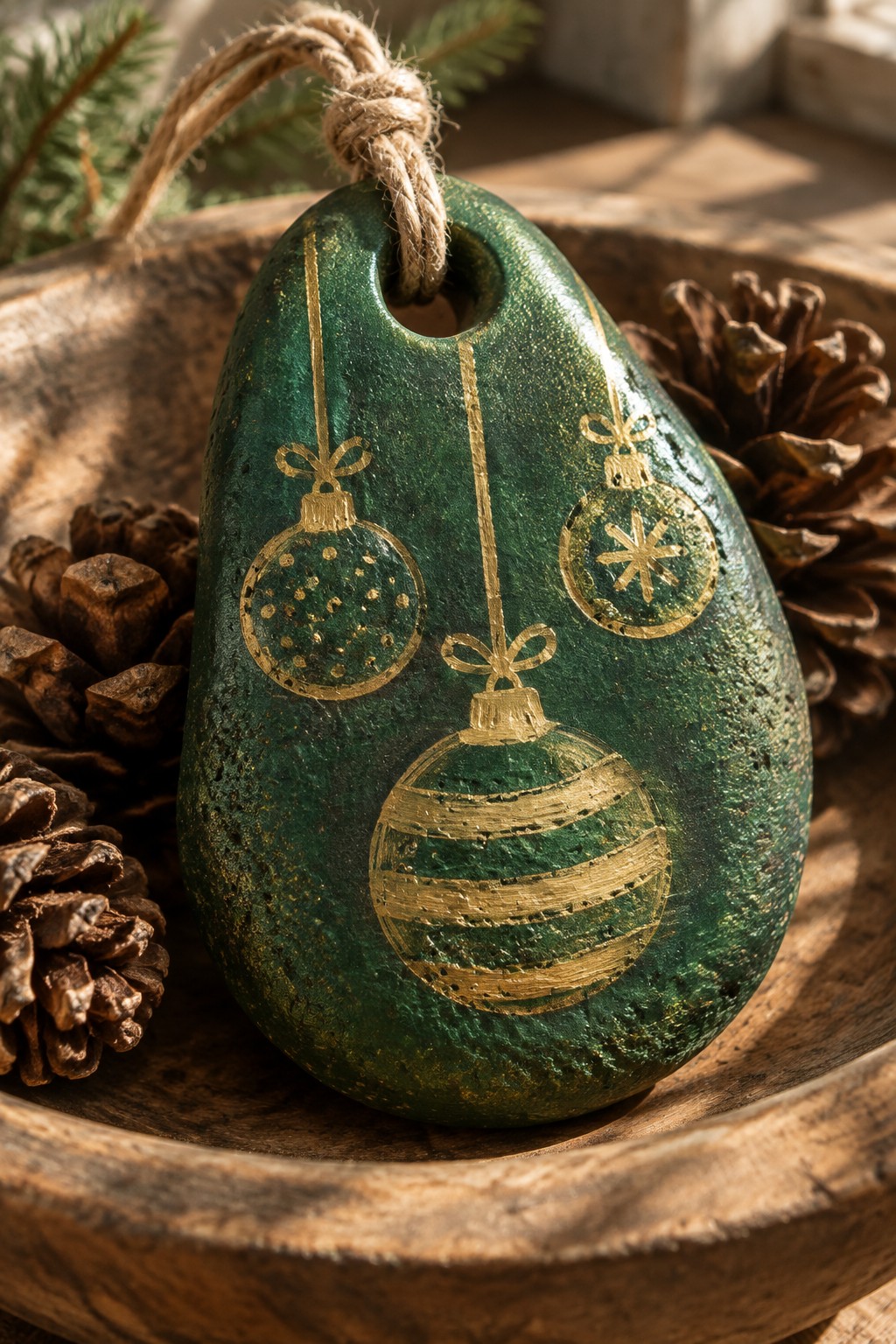 Green painted rock with gold Christmas baubles on twine in wooden bowl with pinecones