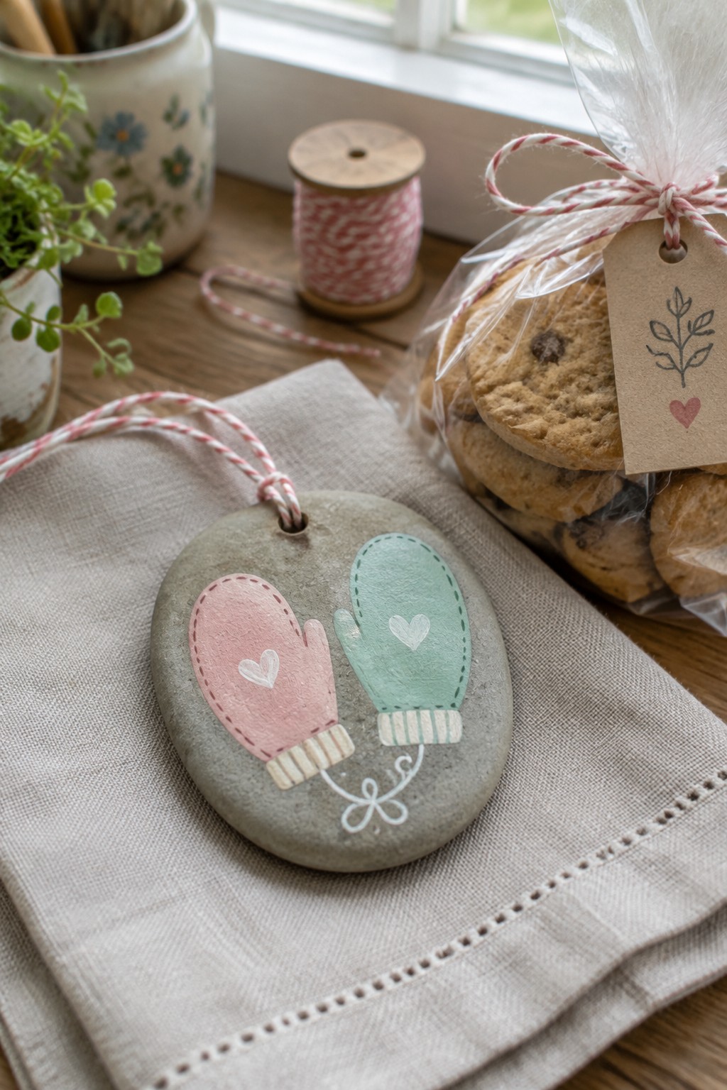 Round gray stone painted with pink and green mittens on linen cloth.