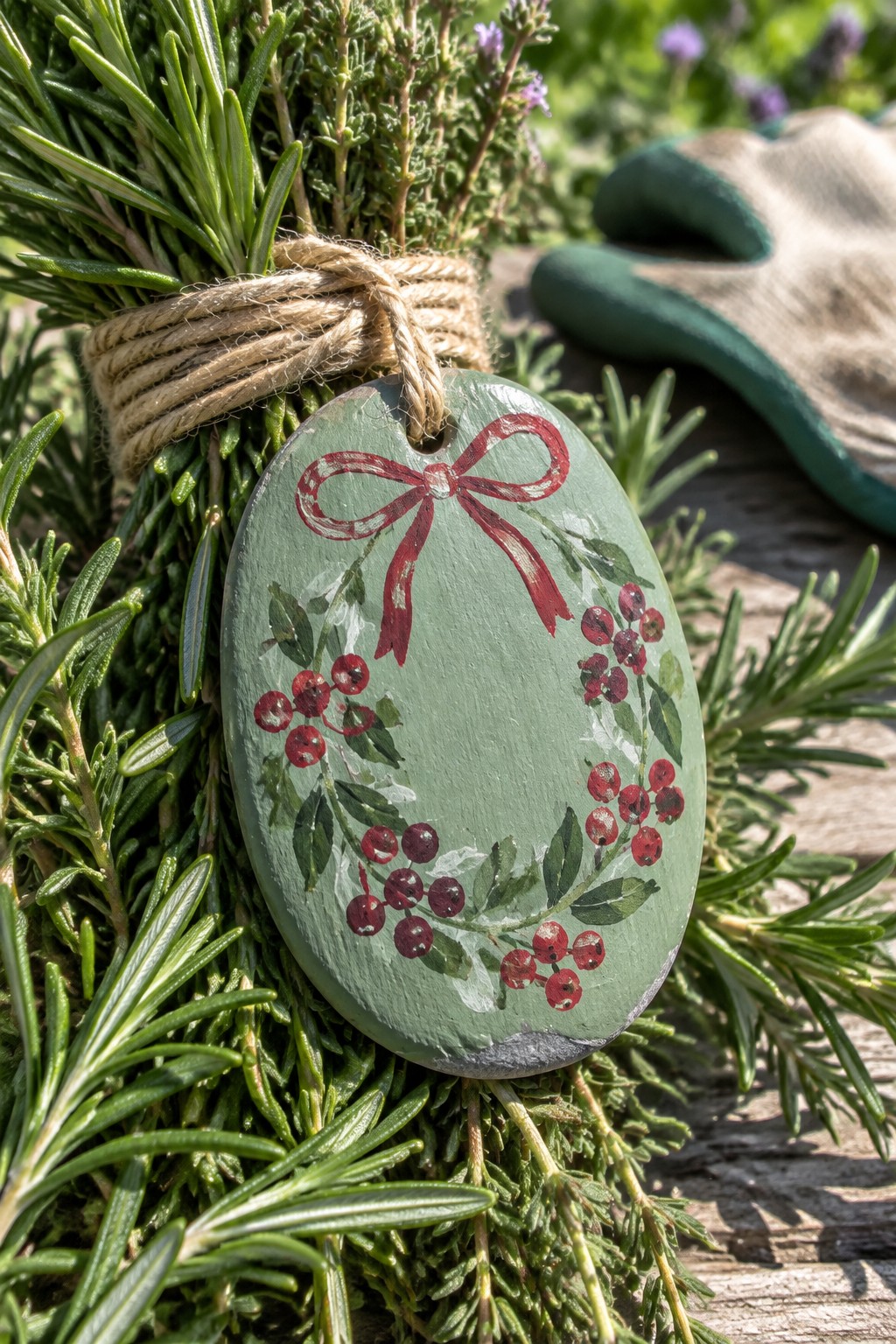 Green painted ornament with red bow and berries tied to herb bundle.