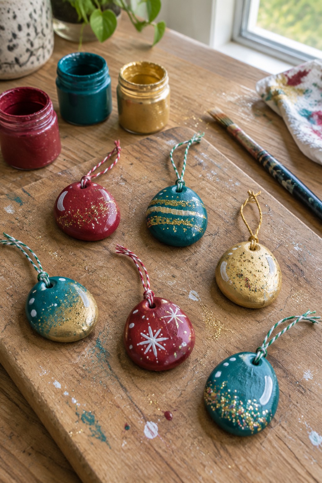 Painted Christmas ornaments in red, teal, and gold with glitter on wooden table