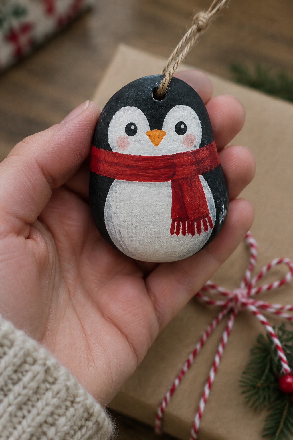 Hand in knit sleeve holding painted penguin rock ornament with red scarf over gift.