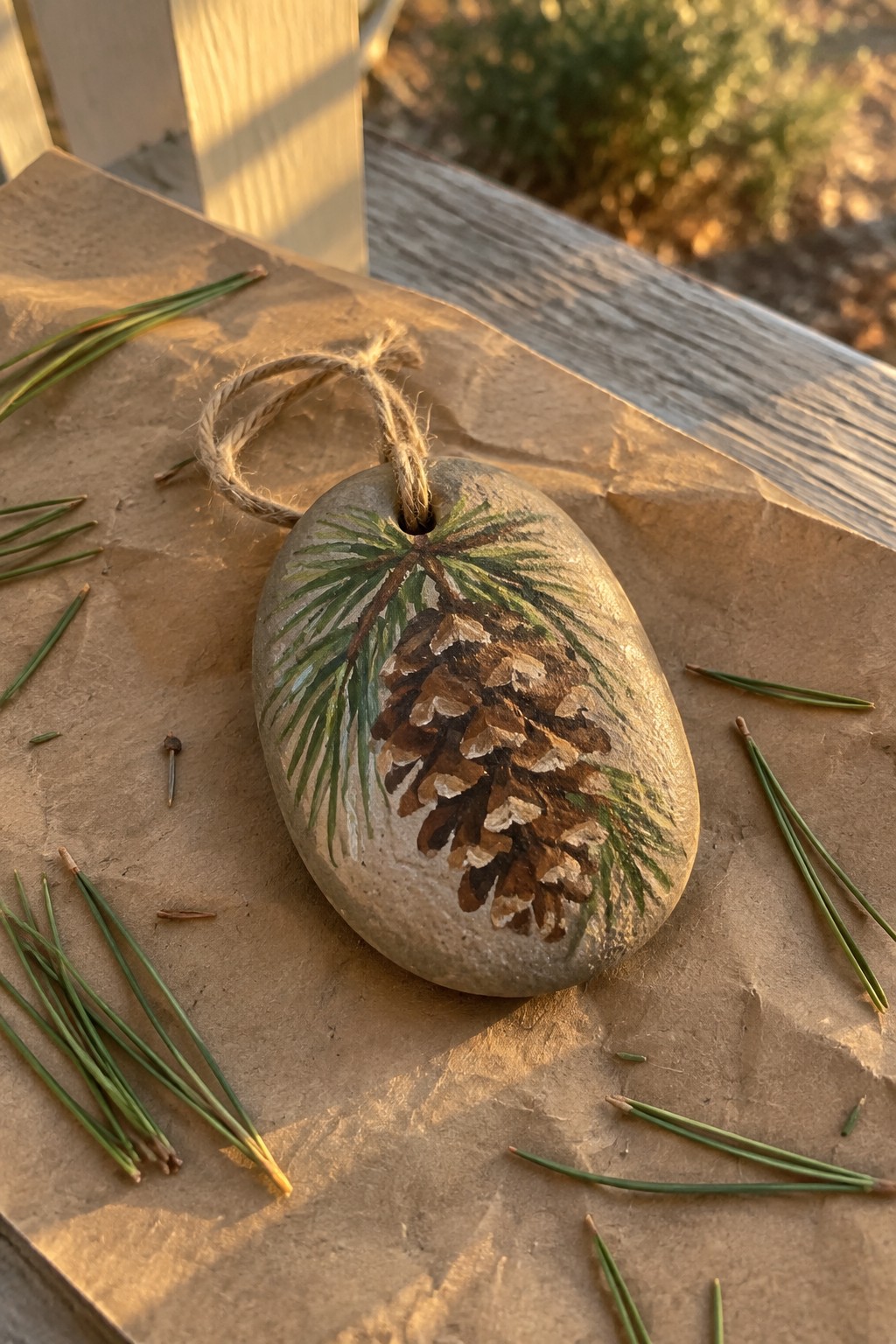 Oval stone painted with a pinecone and pine needles, hung on twine as a gift tag.