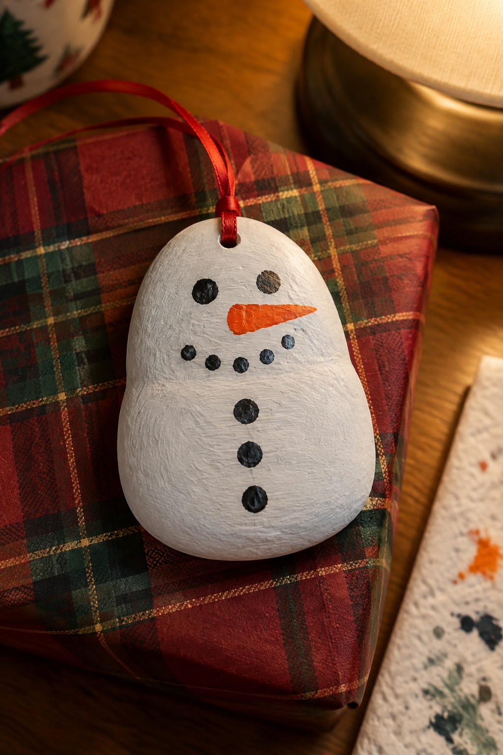 Painted rock snowman with orange nose and red ribbon on plaid gift box