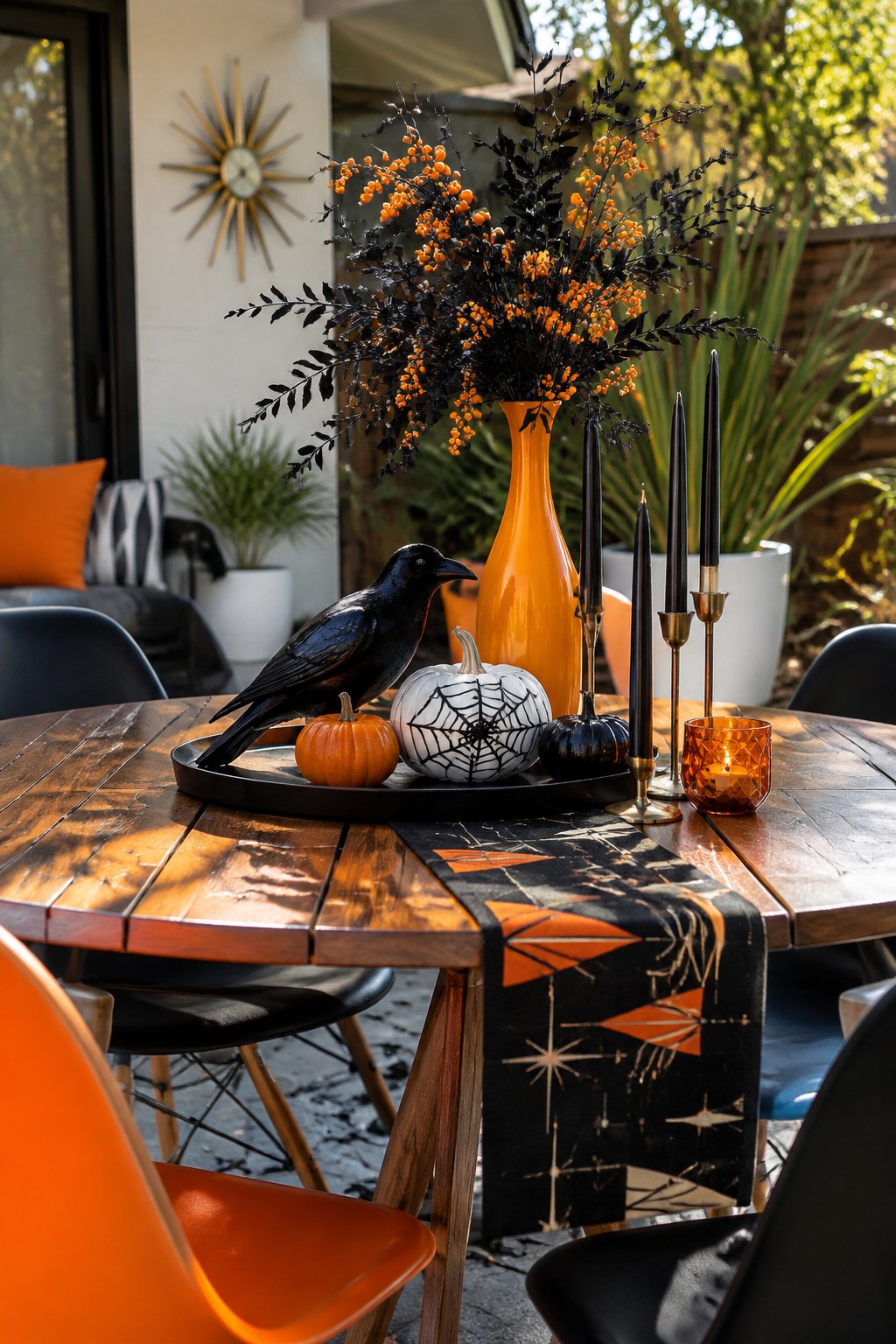 Outdoor wooden dining table with a black tray holding a crow figurine, spiderweb pumpkin, small orange pumpkin, black taper candles, and an orange vase filled with black branches and orange berries.