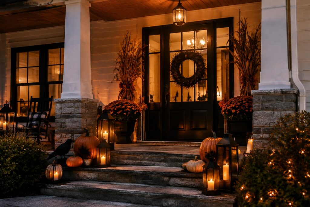 Front porch with black crows perched on tall branches, pumpkins, and lanterns arranged around a dark front door.