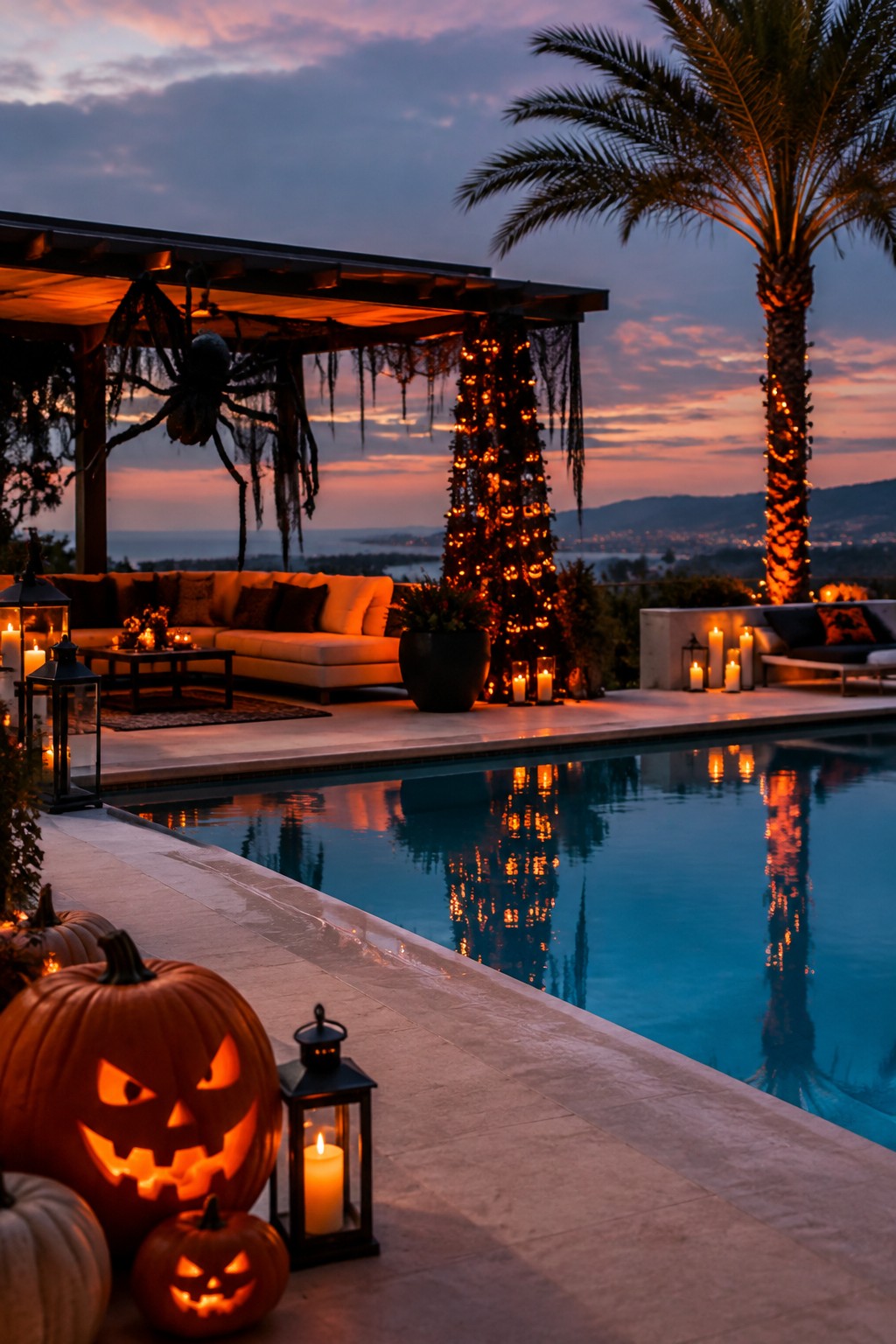Outdoor patio at dusk decorated with a large hanging spider and spiderwebs under a pergola, plus carved jack-o'-lanterns and lanterns near the pool.