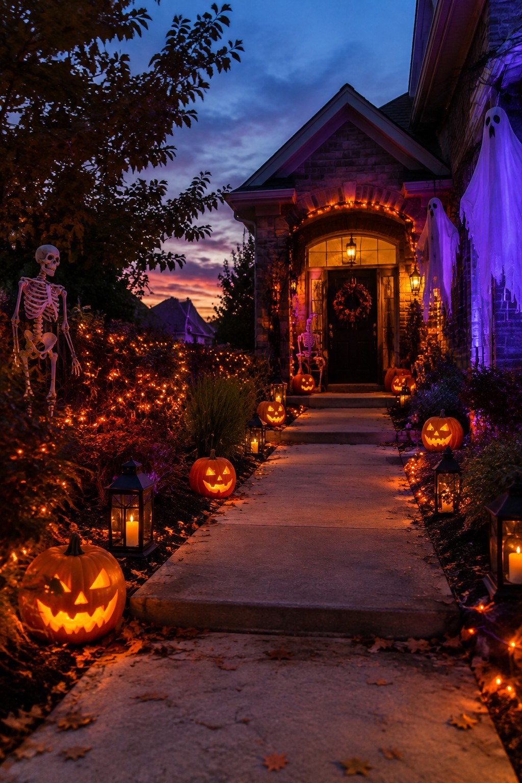 Twilight Halloween house with glowing pumpkins, skeletons, ghosts, and string lights along path