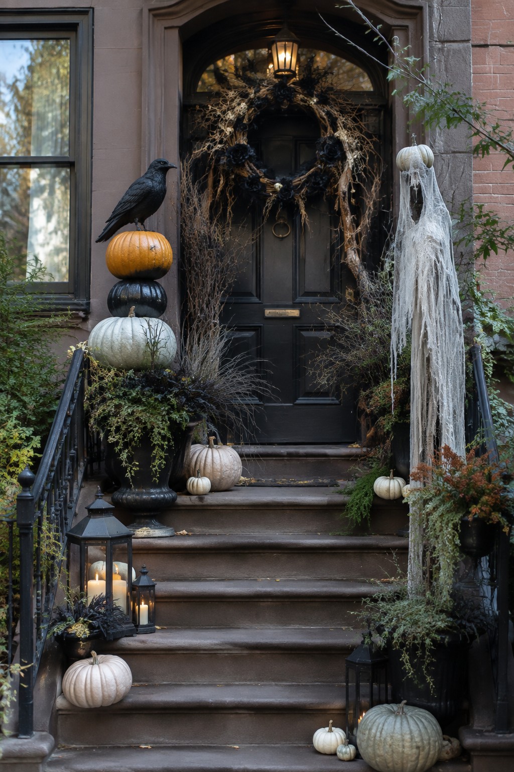 Black door with wreath, stacked pumpkins topped by crow, ghost figure, and lanterns on steps.