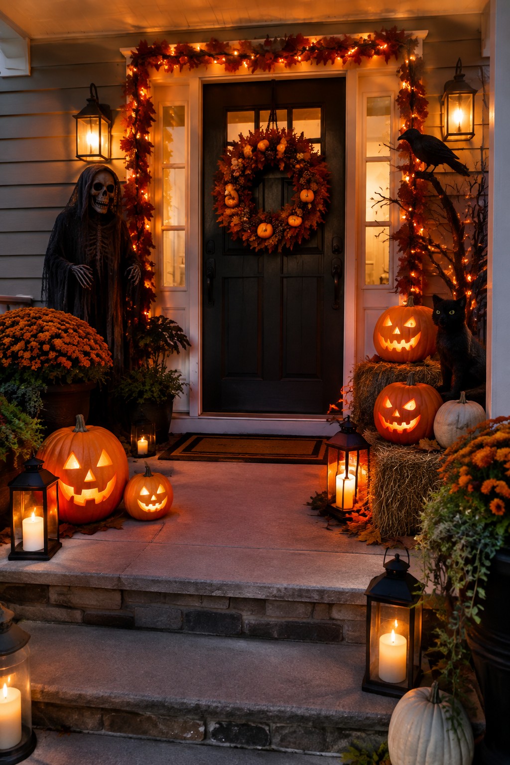 Halloween porch with glowing jack-o'-lanterns, skeleton, black cat, lanterns, and autumn wreaths.