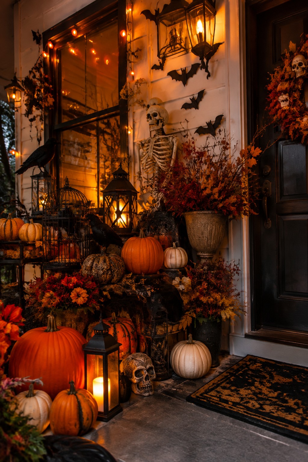 Front porch decorated with a standing skeleton, black bats on the wall, pumpkins, lanterns, and skulls around the entry.