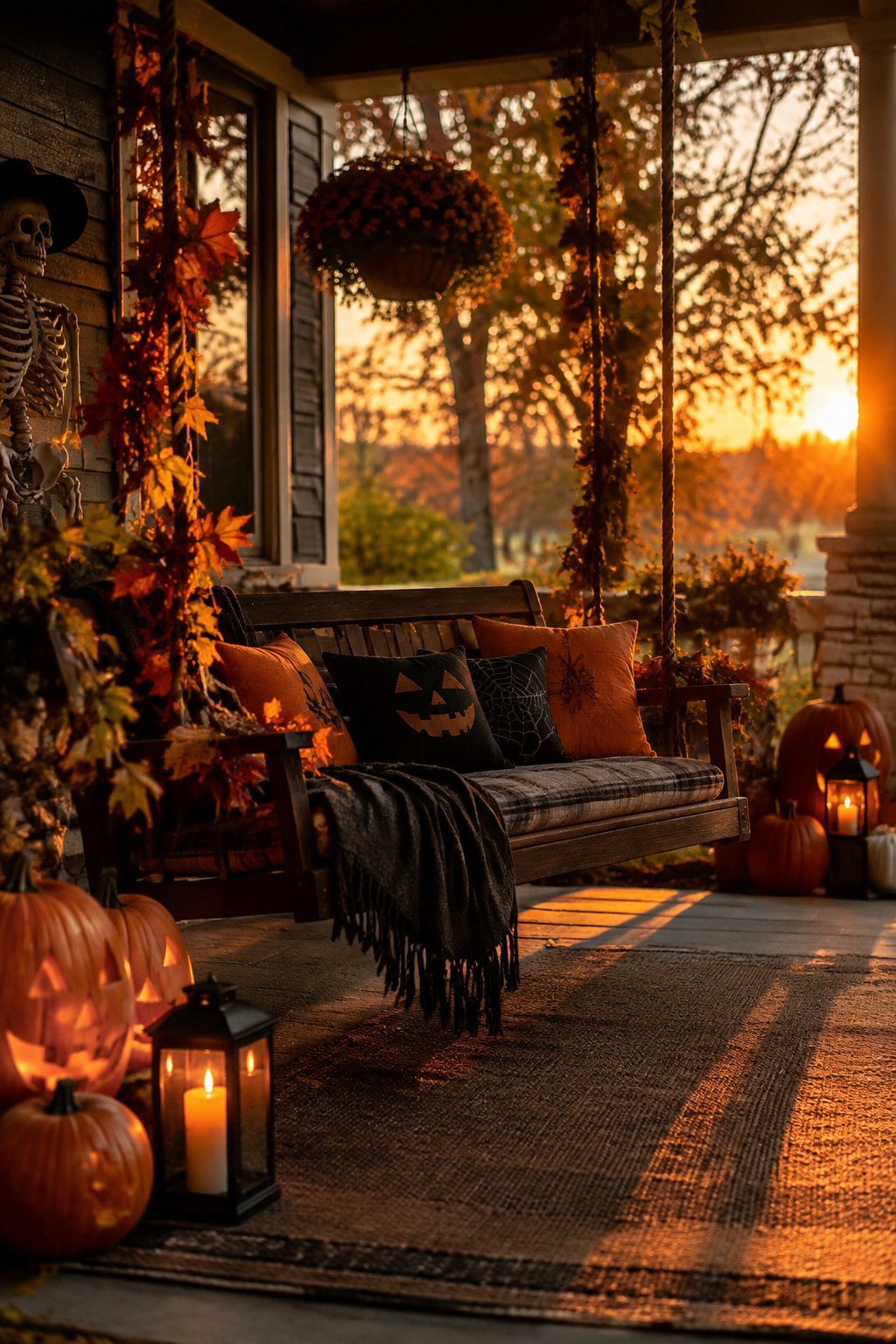 Front porch swing decorated with jack o lantern and spiderweb pillows next to a hanging skeleton and several carved pumpkins with lanterns.