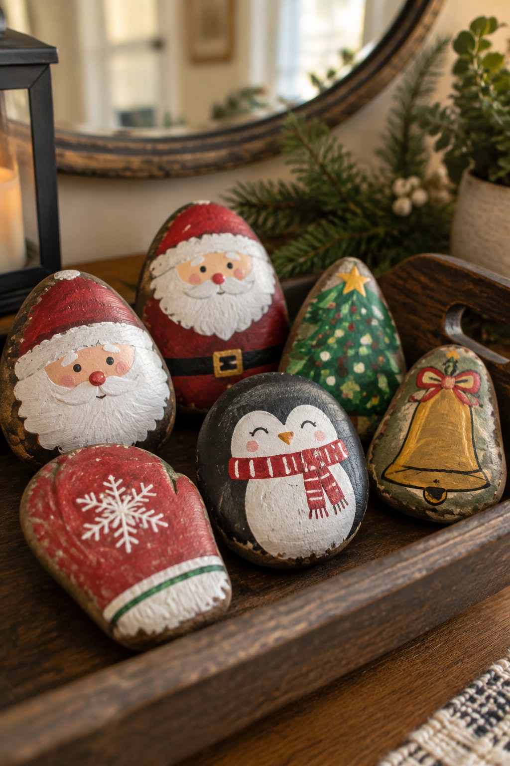 Painted Christmas rocks of Santa, penguin, tree, bell and mitten on wooden tray