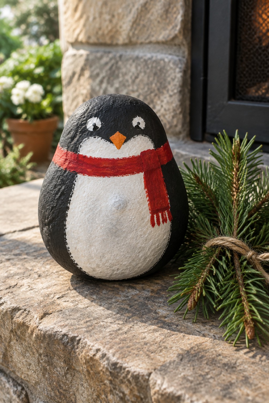 Painted rock penguin in black and white with red scarf beside pine sprig.