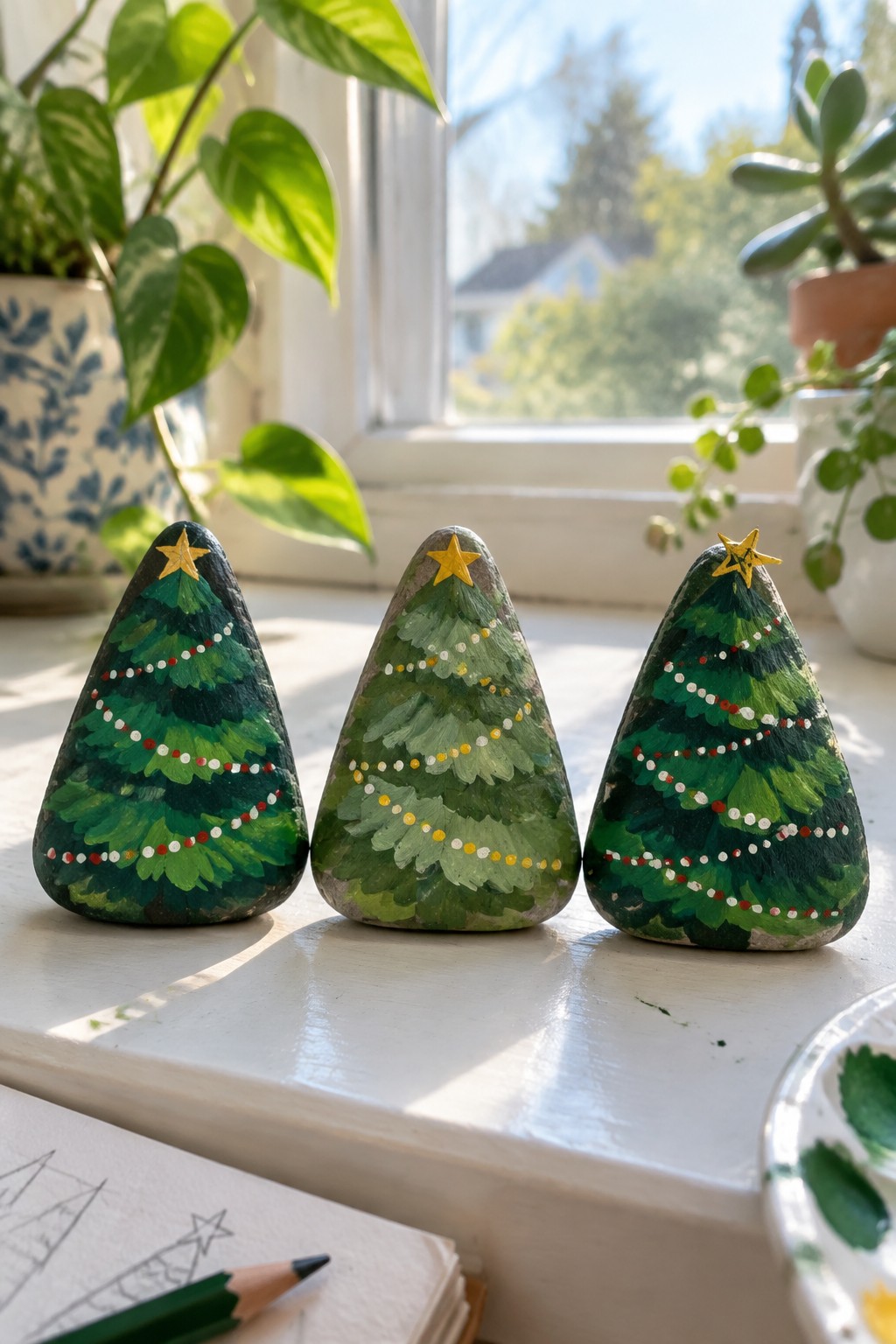 Three painted rock Christmas trees with stars and lights on sunny windowsill near sketches.
