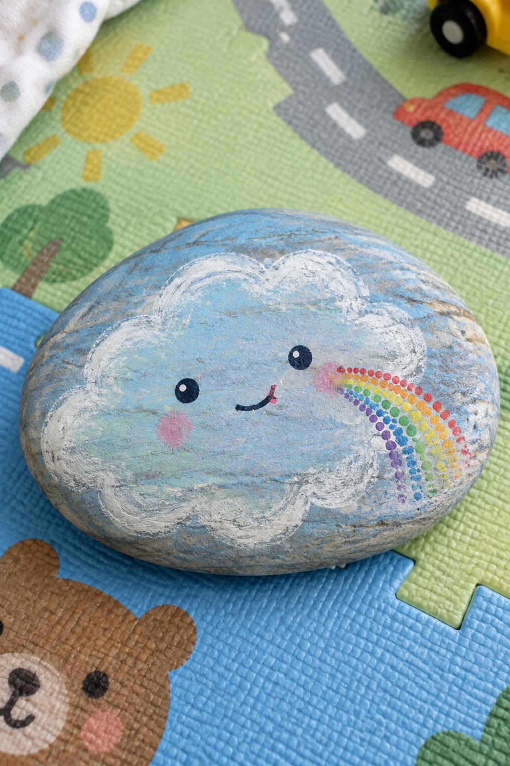 Painted rock with smiling cloud face and rainbow on children's play mat