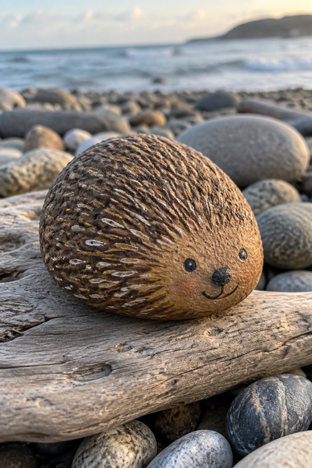 Painted hedgehog rock on driftwood amid pebbles, with ocean waves and distant hills.