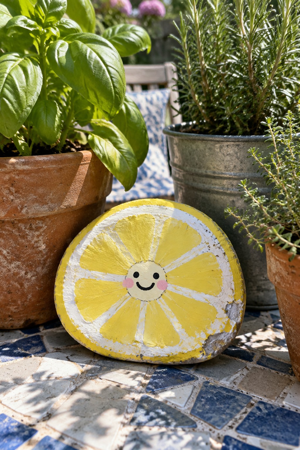 A painted rock shaped like a lemon slice with a smiley face rests on a tiled surface among potted plants.