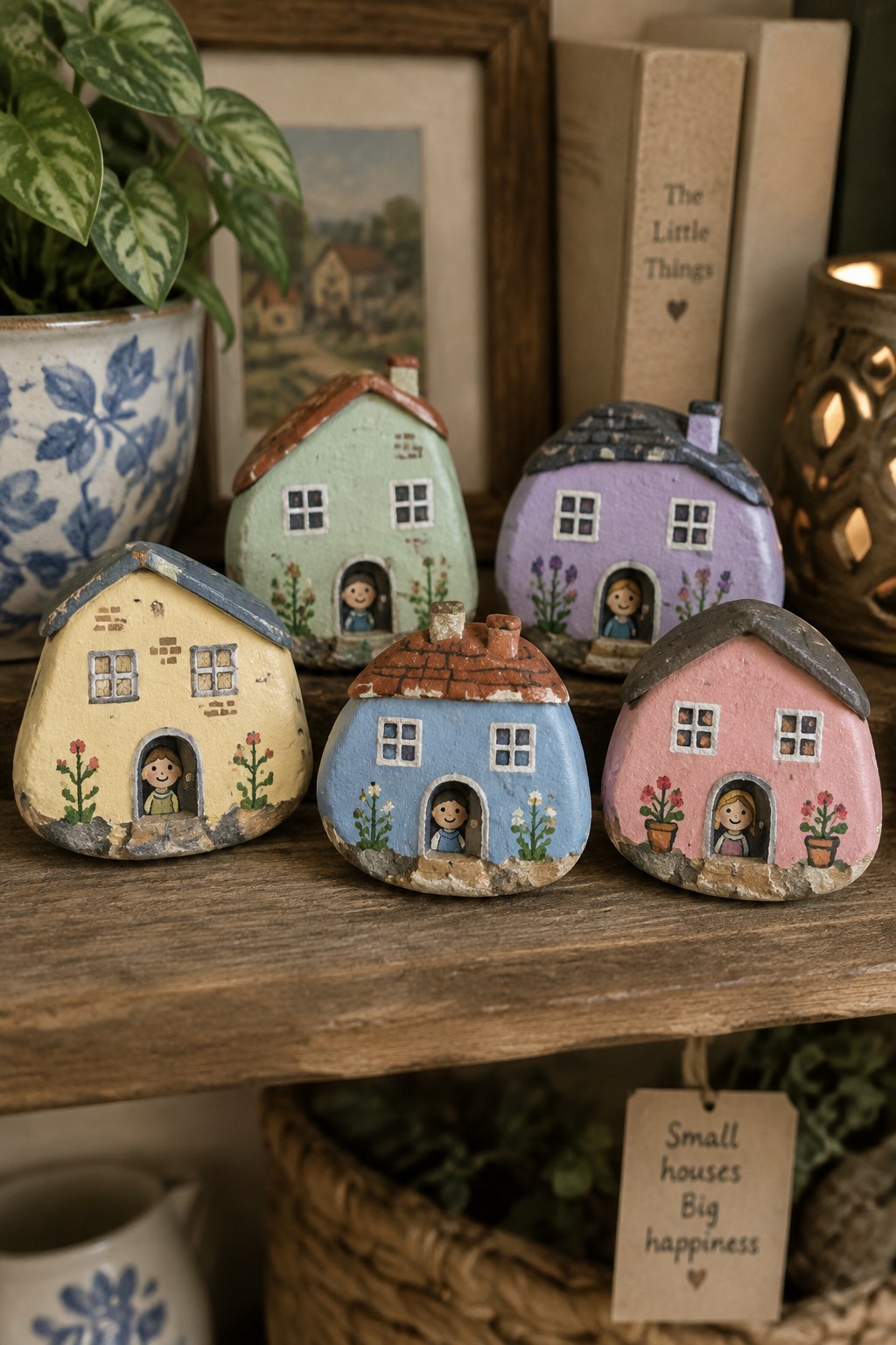 Five colorful painted stone houses with smiling faces on wooden shelf