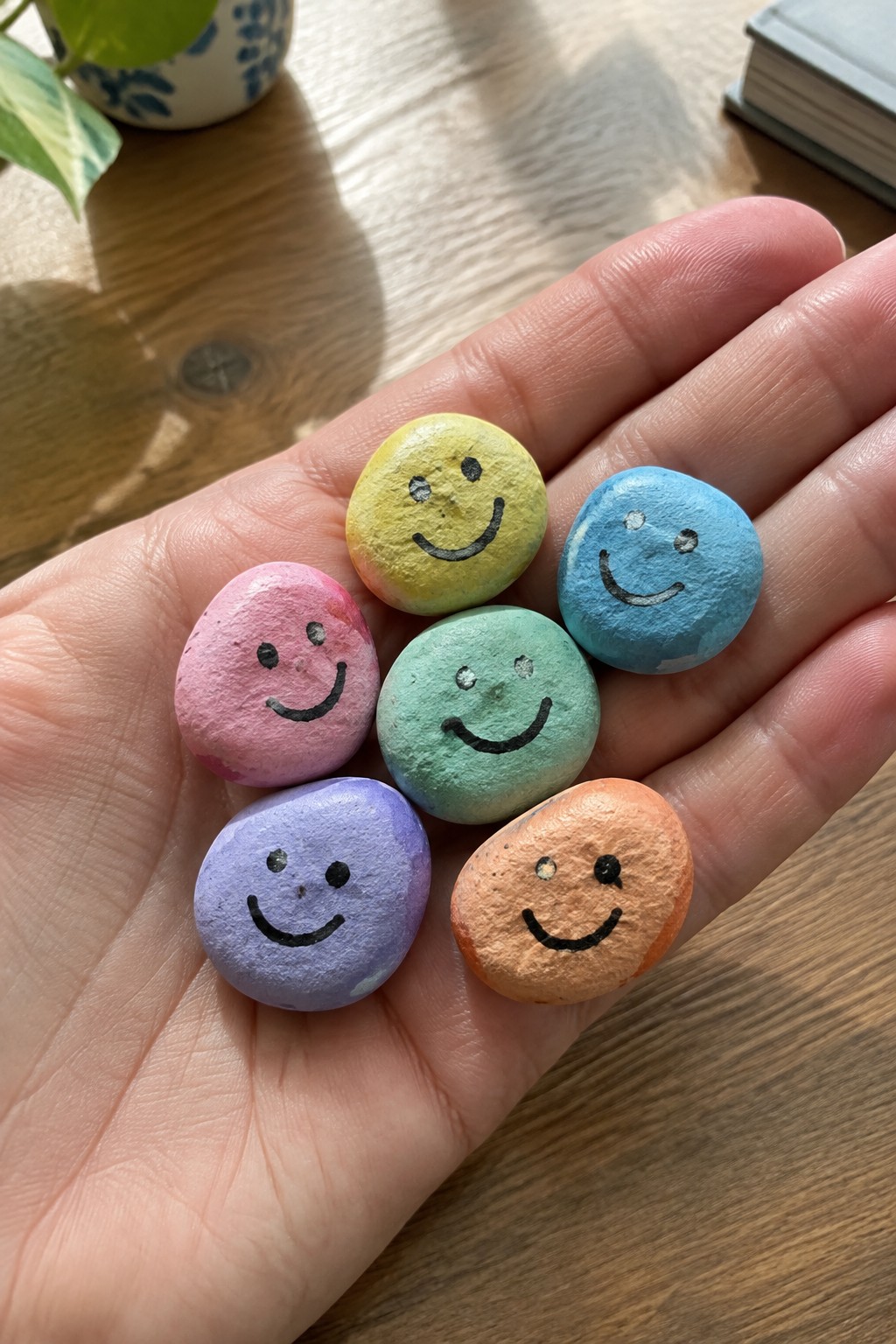 Hand holding seven pastel smiley-faced rocks above wooden table surface