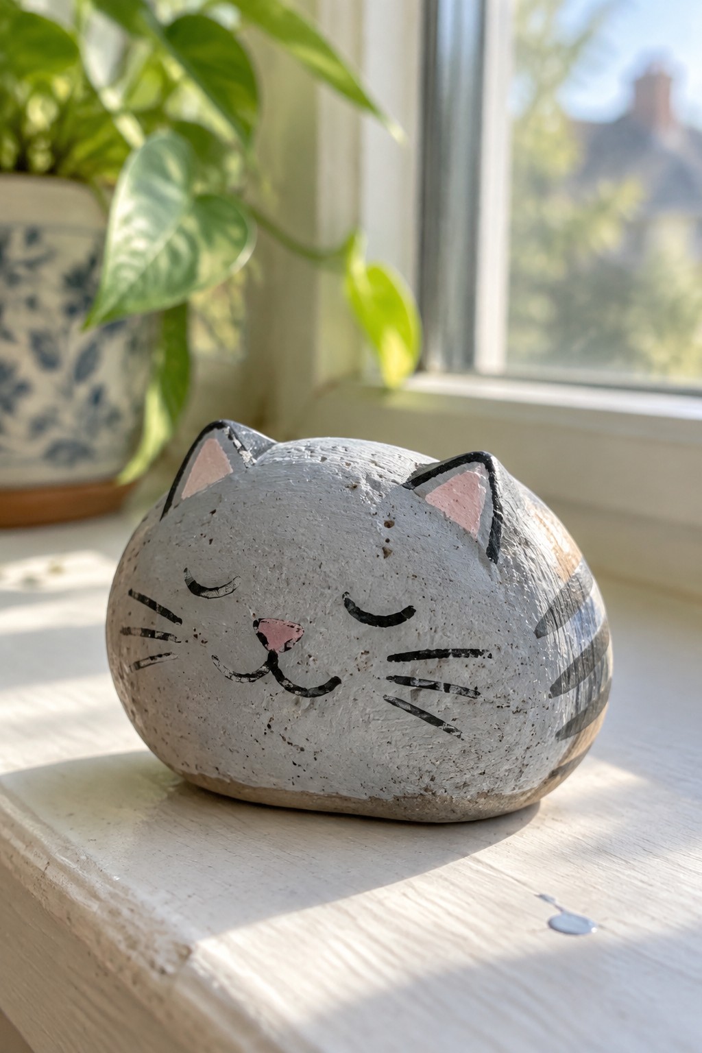 Painted gray stone cat with closed eyes and pink nose on windowsill.