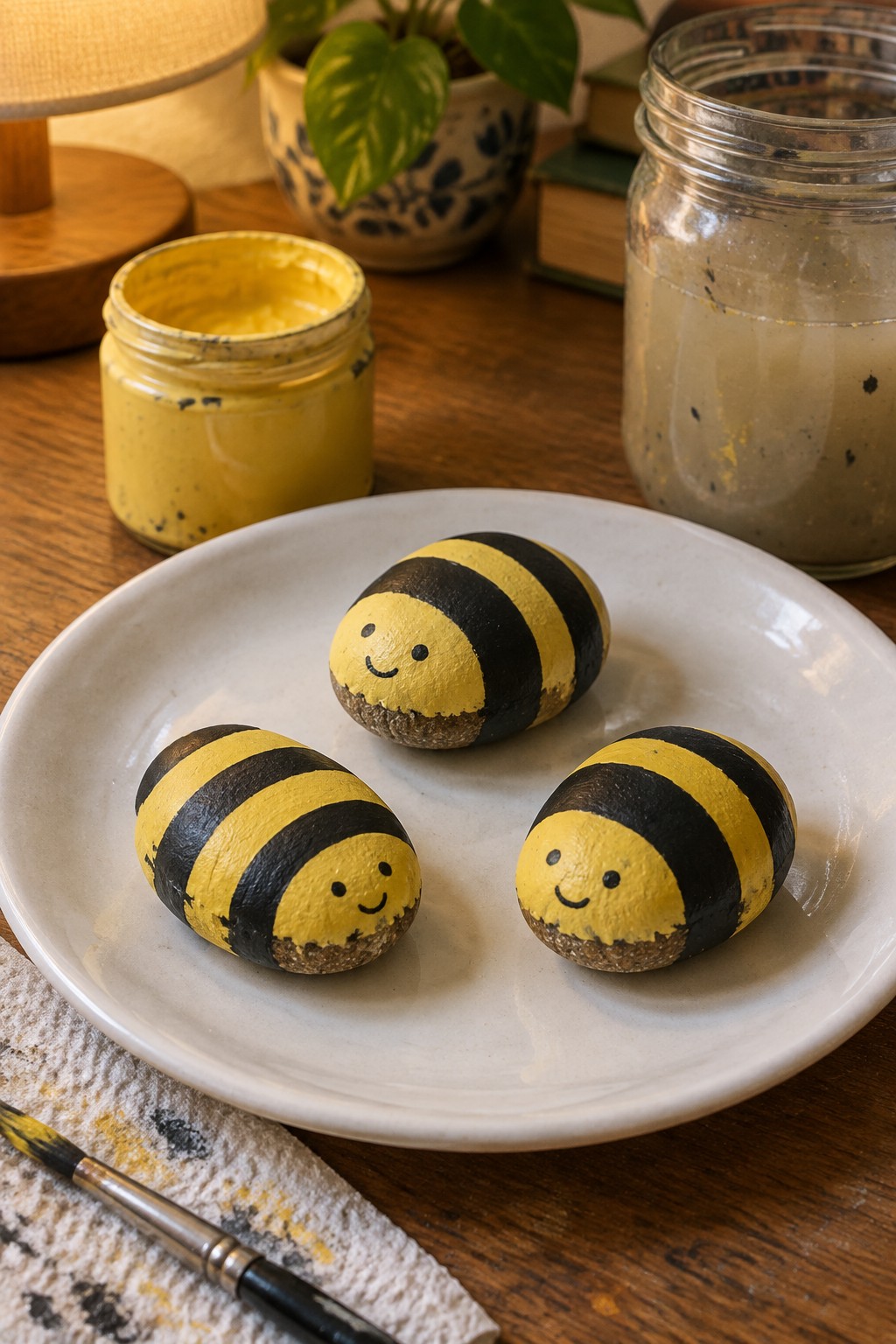 Three painted bee rocks with yellow-black stripes on a white plate beside paint jars and brush