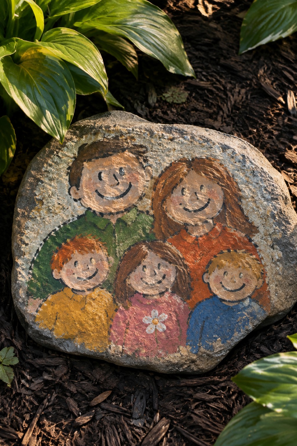 Painted rock with smiling family of five in green, orange, yellow, pink, and blue