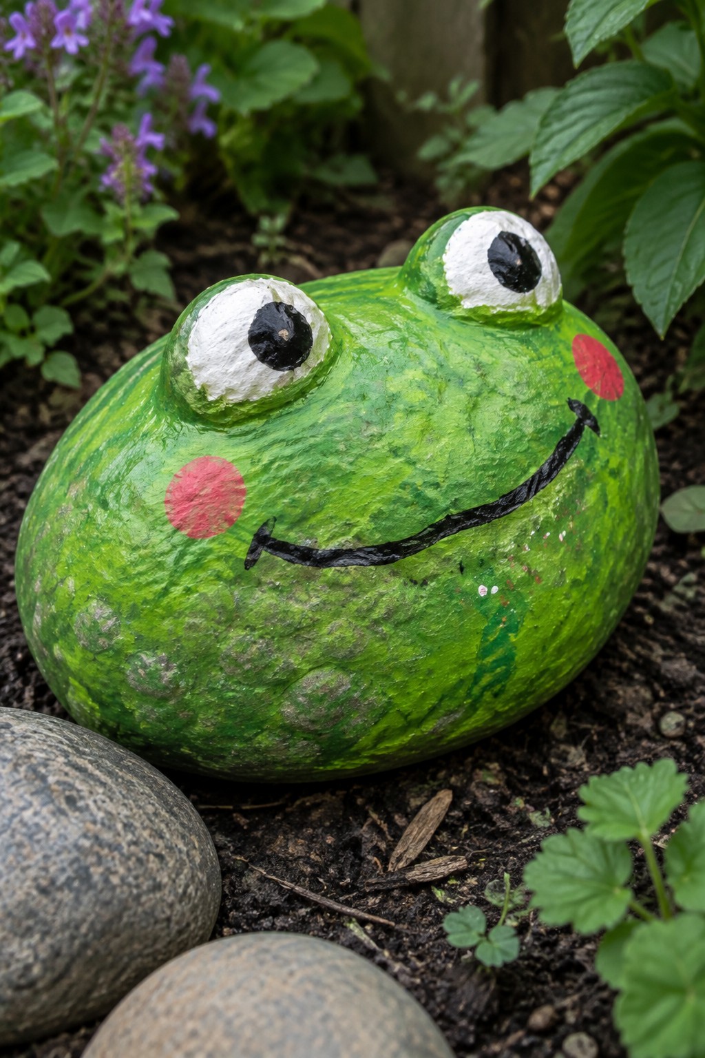Green painted rock frog with bulging eyes, red cheeks, and black smile in garden