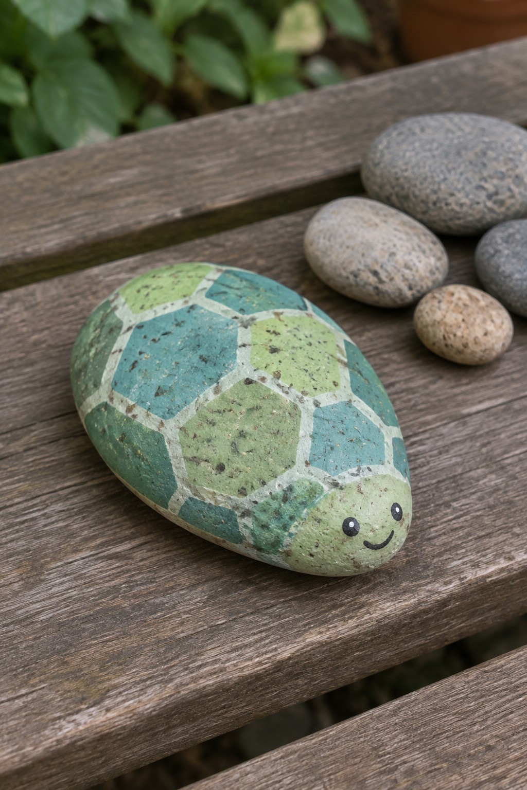 Green and blue painted turtle rock with smiling face on wooden surface