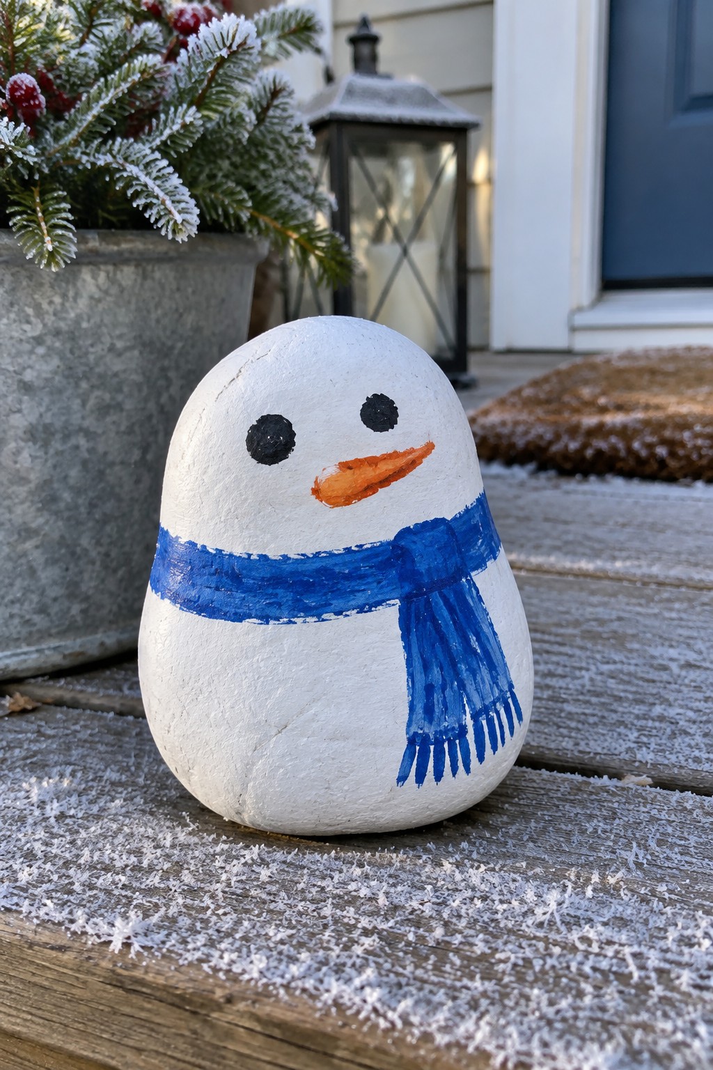 White rock snowman with blue scarf, black eyes, and orange nose on snowy wood