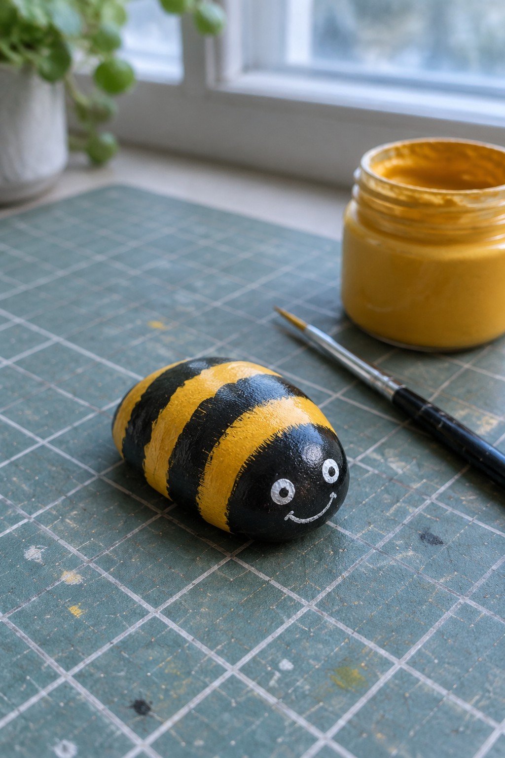 Striped bee rock painting on green mat with yellow paint jar and brush