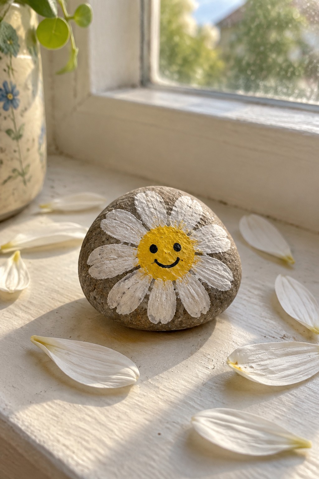 Painted stone daisy with smiling face on windowsill scattered with white flower petals