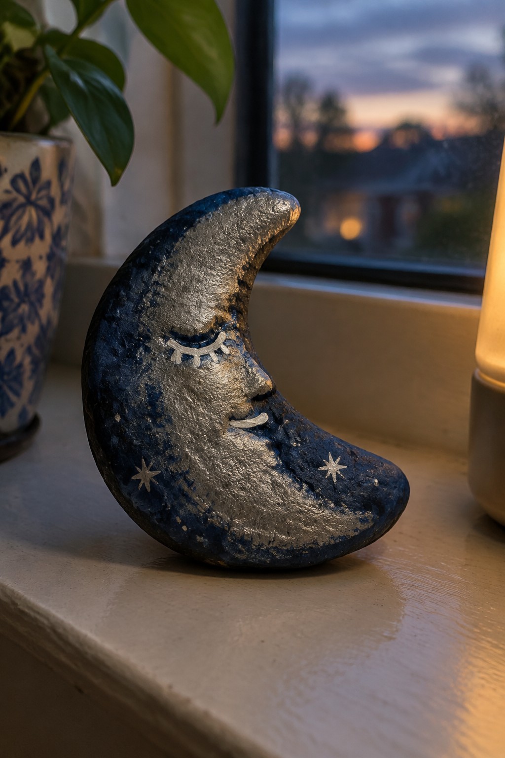 Blue metallic crescent moon figurine with face and stars on windowsill